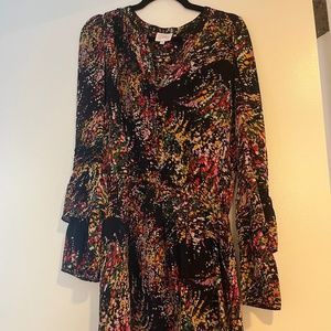 PARKER Silk Printed Tiered Long Sleeve Mini Dress Black / Multi - Size Small